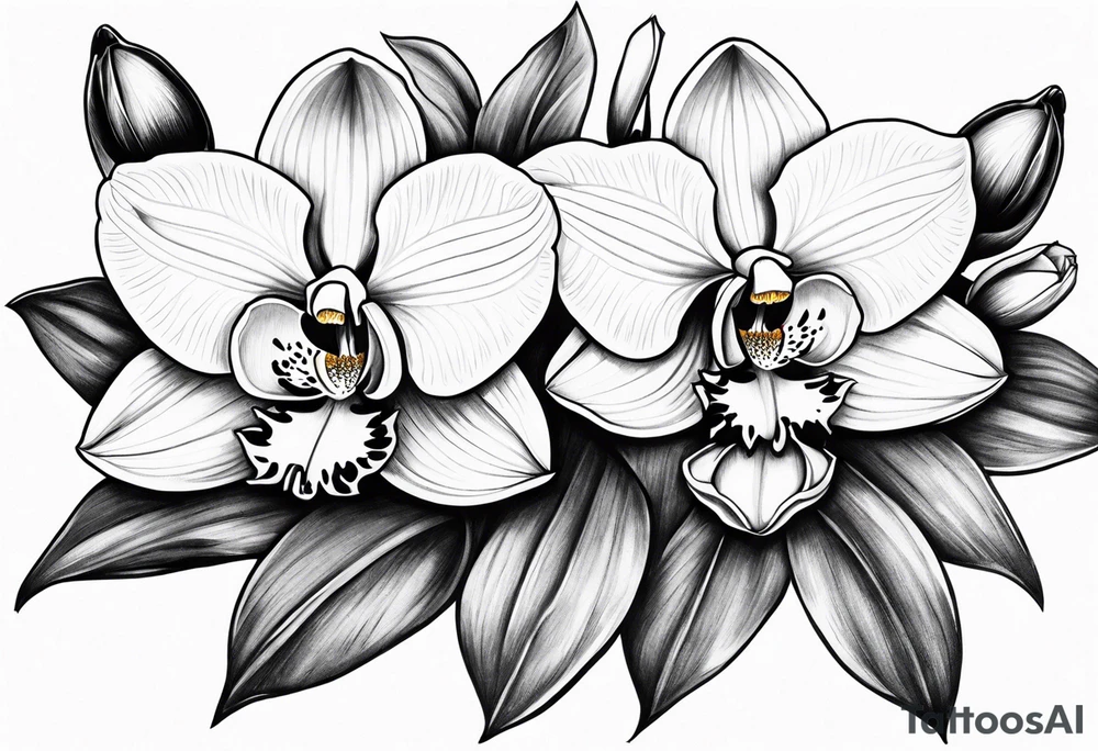 Cymbidium orchid with a rose on each side tattoo idea