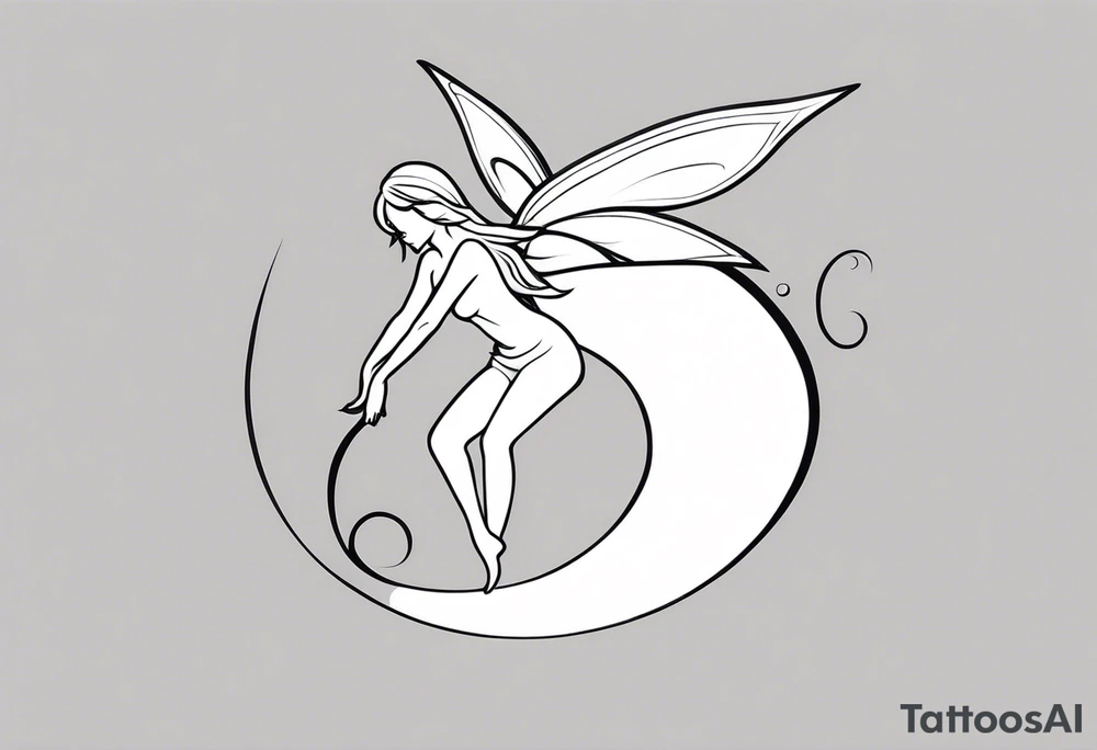 Minimalistic, monochromatic fairy with a tail flying to the left in a fetal position, leaning and looking in the same direction, with visible hands, embodying the 'Fairy Tail' logo aesthetic. tattoo idea