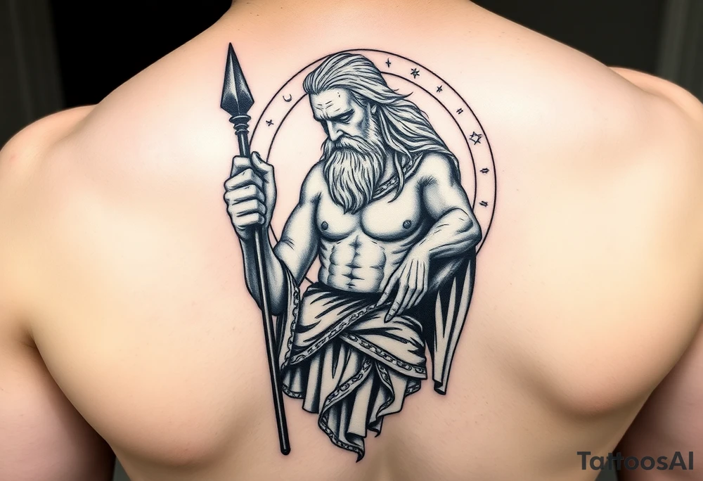 a tattoo design of the Greek God Saturn but older and nearly dying holding his spear looking down using the spear to keep himself upright, in his other arms cradling a twin dying younger version of himself. The gemini constellation is in the background behind the Saturn Gods. Long vertical form as this will be on a thigh - include the planet Saturn rings going round the design tattoo idea
