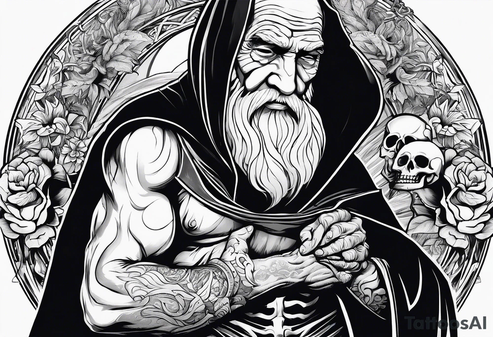 old man in cloak wrestling with a skeleton tattoo idea