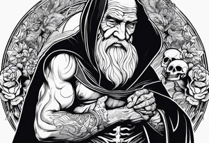 old man in cloak wrestling with a skeleton tattoo idea
