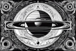 A tattoo with Saturn at the center surrounded by intricate linguistic symbols, reflecting the client's interests in cosmology and linguistics. tattoo idea