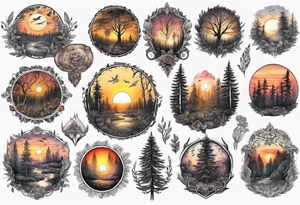 sunset in the forrest, detailed, ornament, stunning, high quality, intricate, ultra realistic tattoo idea