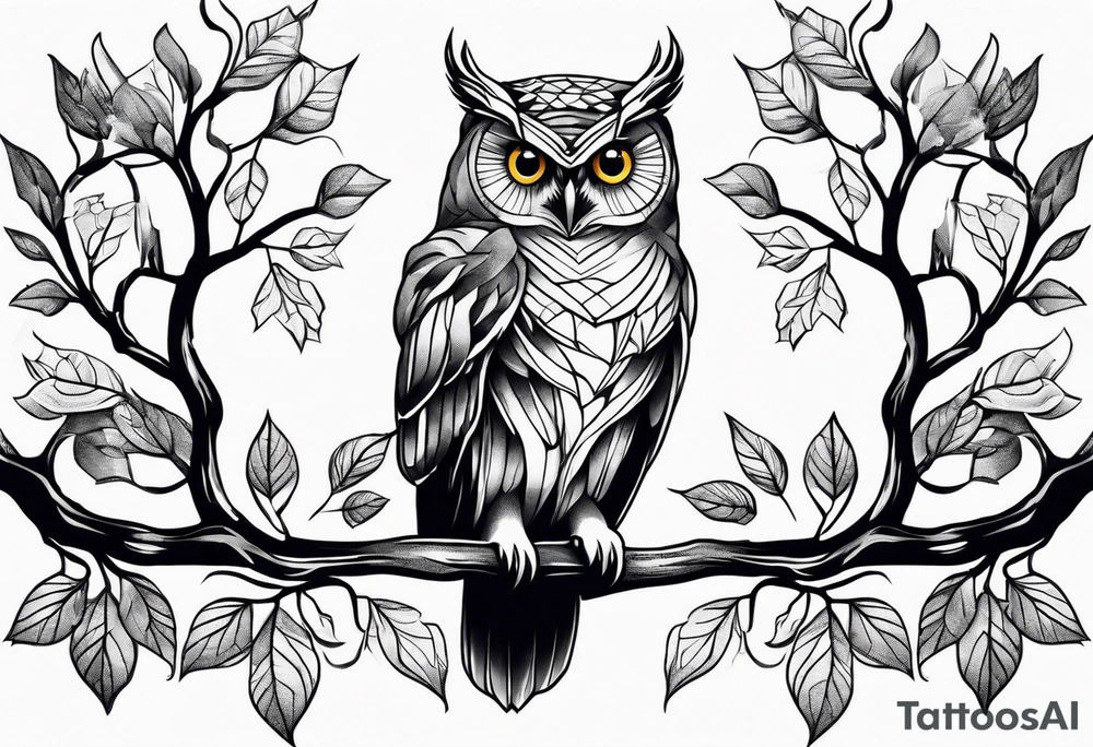 Vintage owl on maple branch tattoo idea