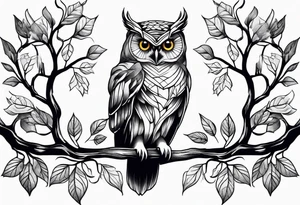 Vintage owl on maple branch tattoo idea