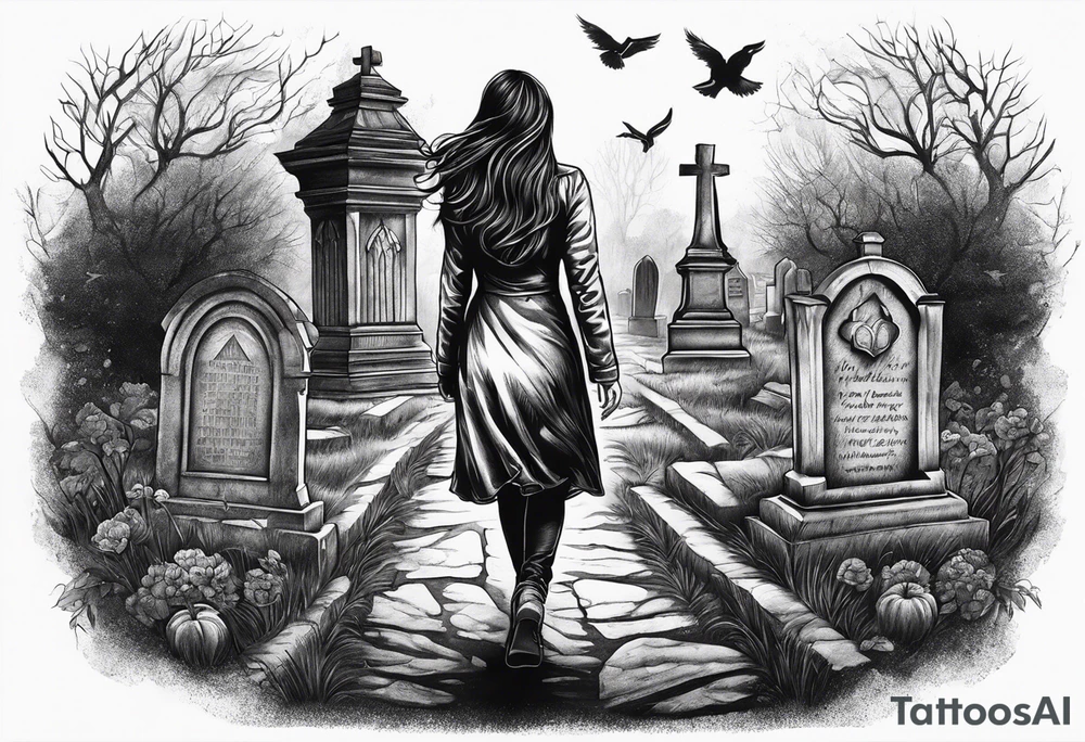 Woman walking out of a graveyard  leaving her old terrifying past behind her tattoo idea