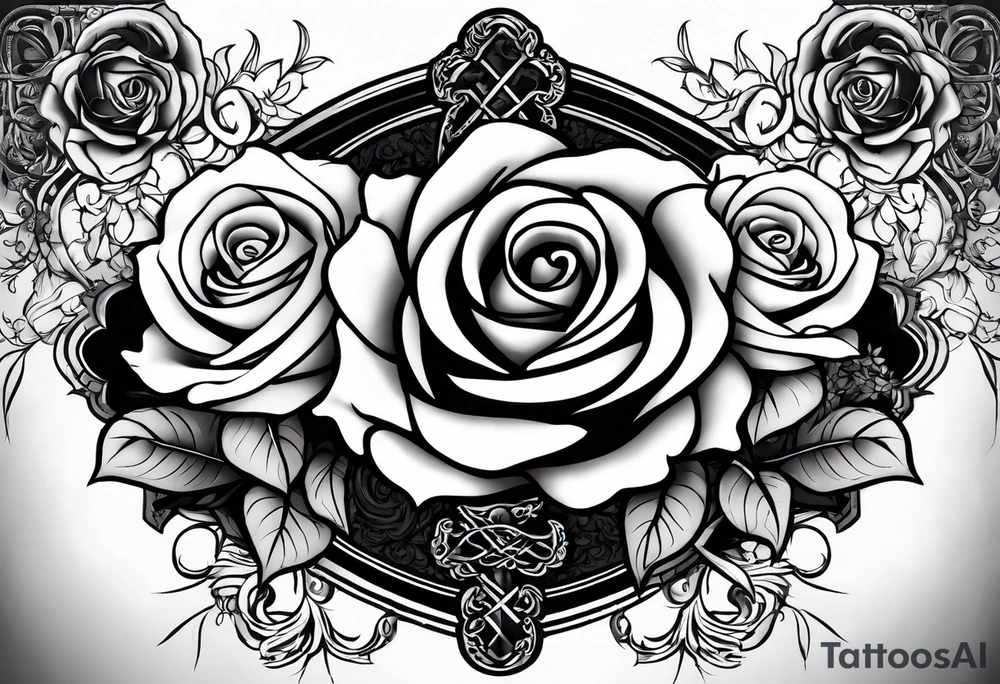 roses with a cross in the middle including the names Aizen and Azaias wrapped around a rose in the old english font tattoo idea