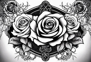 roses with a cross in the middle including the names Aizen and Azaias wrapped around a rose in the old english font tattoo idea