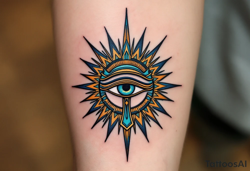 A turquoise Eye of Ra framed in a sunburst of gold and ochre rays. tattoo idea