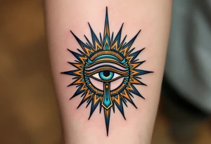 A turquoise Eye of Ra framed in a sunburst of gold and ochre rays. tattoo idea
