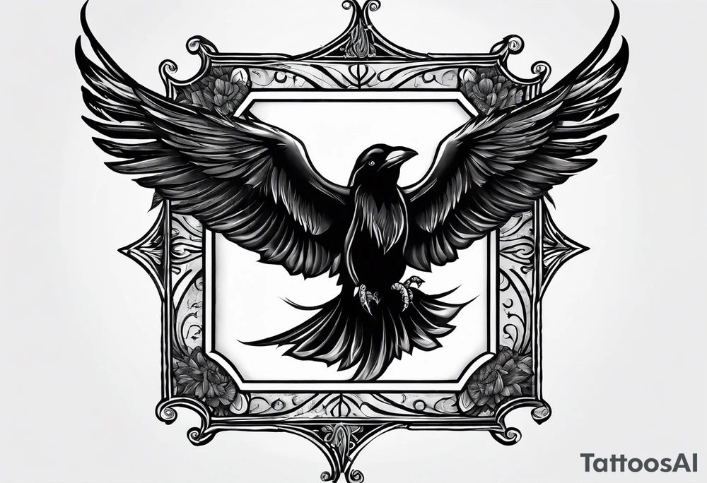 quote: “may angels lead you in”
A raven inside a square frame tattoo idea