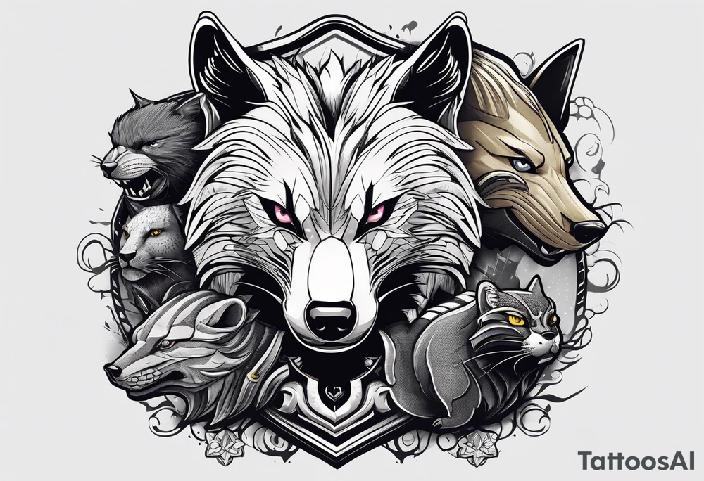 a super hero team which is combination of animals.
One is Badger/Wolverine, One is Bull, One is Wolf, One is Axolotl, One is Canary, One is Lizard, One is Cat tattoo idea
