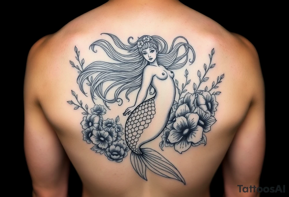 ethereal mermaid with flowing hair among coral and sea flowers tattoo idea