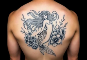 ethereal mermaid with flowing hair among coral and sea flowers tattoo idea