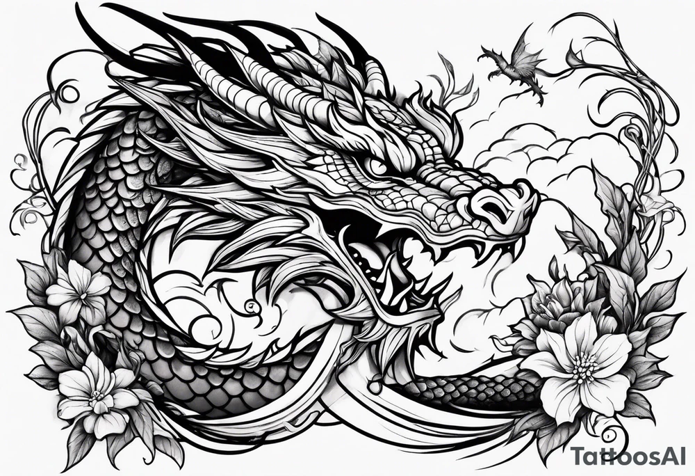Dragon on forearm with vines and flowers tattoo idea