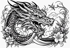 Dragon on forearm with vines and flowers tattoo idea