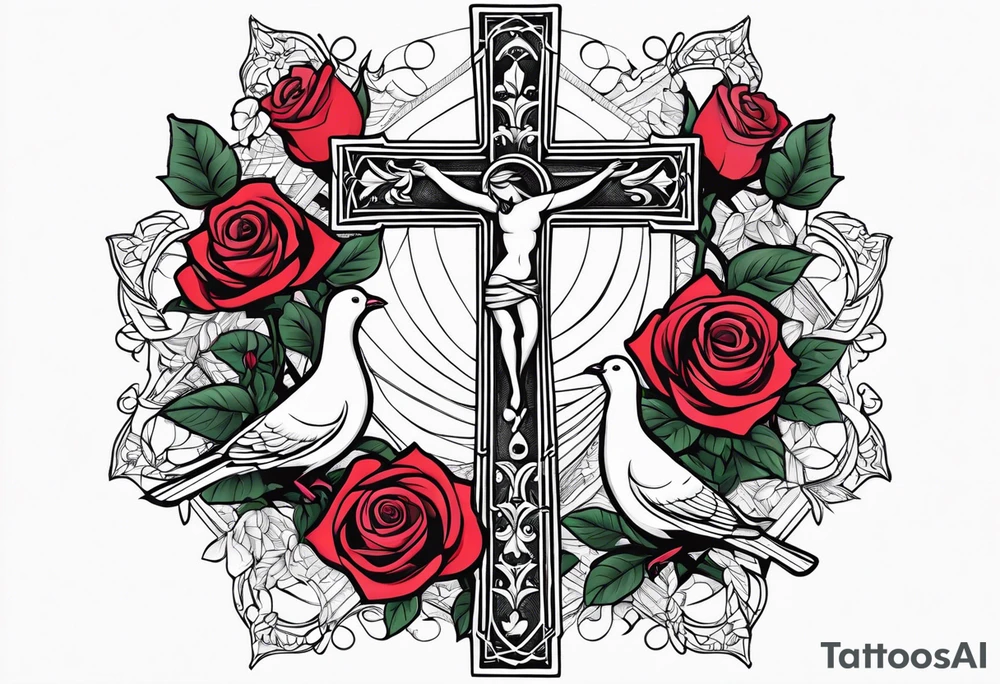 Forearm:Cross with roses and doves around it with proverbs 3:5 in side cross tattoo idea Forearm:Cross with roses and doves around it with proverbs 3:5 in side cross tattoo idea