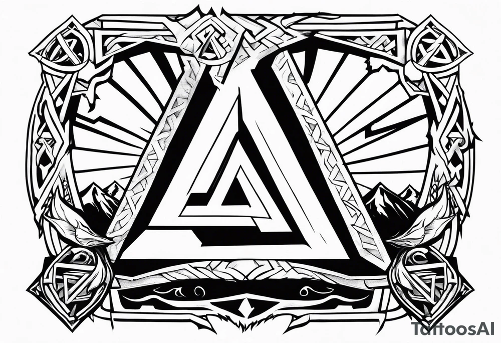 Valhalla fire sword shield axe Valknut ruins lightnings tattoo idea Valhalla fire sword shield axe Valknut ruins lightnings tattoo idea