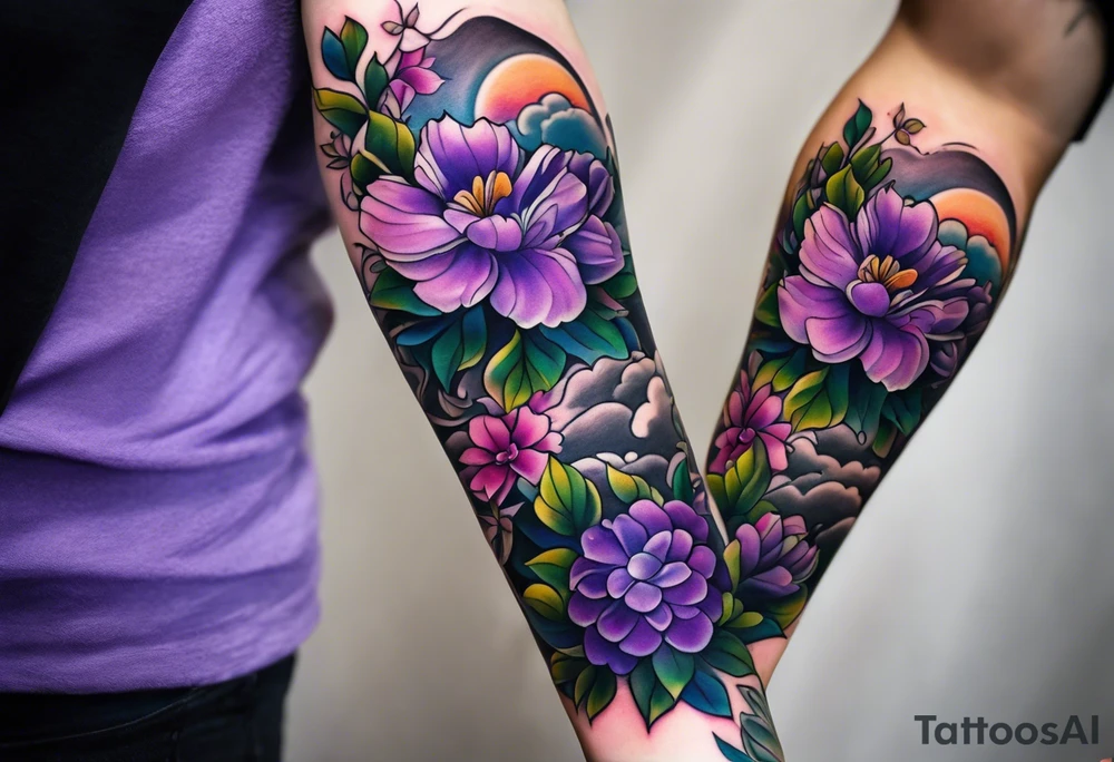 Forearm tattoo with purple flowers to always remember my grandma that passed away with a small white dove and heaven things added like clouds and stairs. tattoo idea