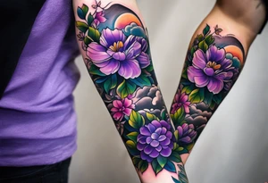 Forearm tattoo with purple flowers to always remember my grandma that passed away with a small white dove and heaven things added like clouds and stairs. tattoo idea