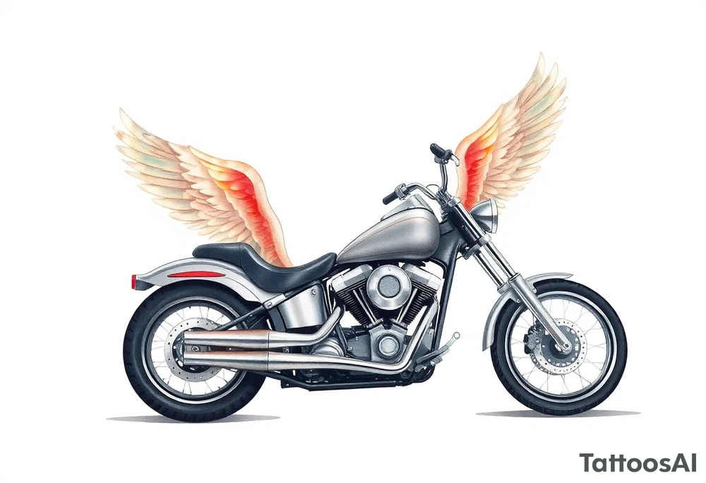 Low rider grey motorcycle, big muffler pipes with flames, angel wings, driving away, no person tattoo idea