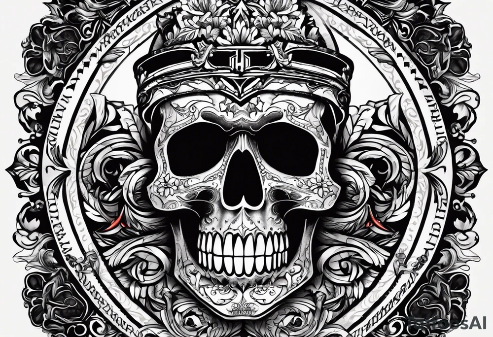 I want a tattoo with a skull design with the letters "work hard" at the top and the letters "play hard" at the bottom, in black only. tattoo idea