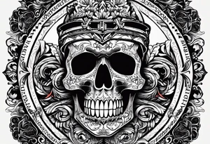 I want a tattoo with a skull design with the letters "work hard" at the top and the letters "play hard" at the bottom, in black only. tattoo idea