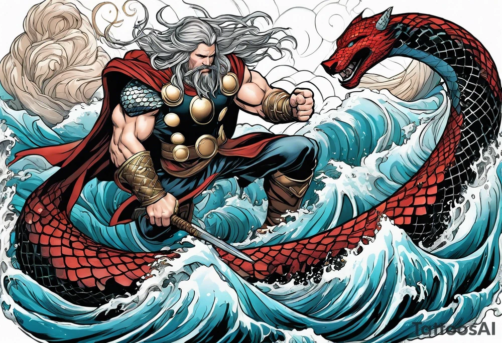Thor getting eaten by the world serpent in the ocean tattoo idea