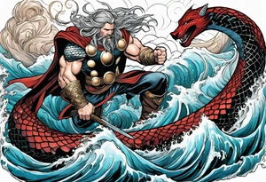 Thor getting eaten by the world serpent in the ocean tattoo idea