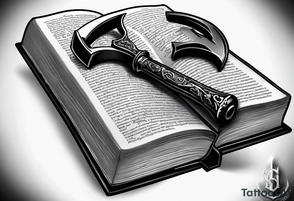 An opened bible with a battle Axe tattoo idea