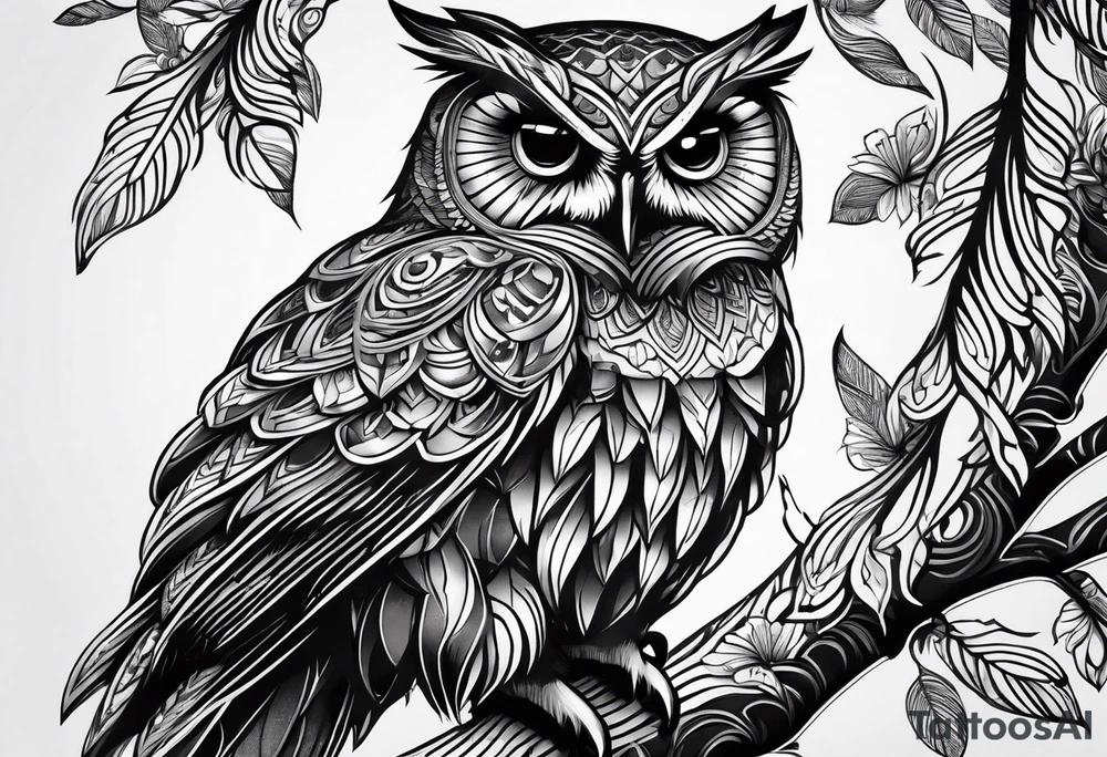 “A wise owl perched on a branch, with large, expressive eyes and intricate feather patterns, representing wisdom tattoo idea