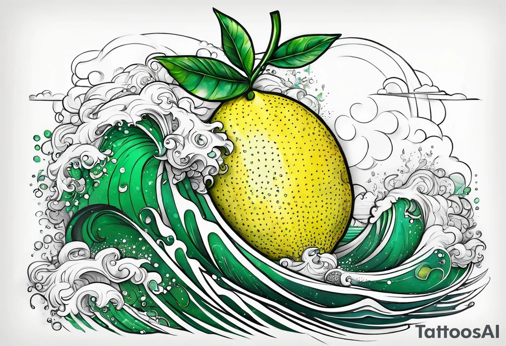 A lemon-Buoy with a green leaf-flag on waves tattoo idea