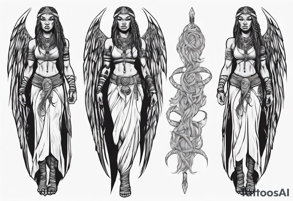 African female valkyre Viking warrior full body angelic
slim long face long braided hair descending from heaven tattoo idea