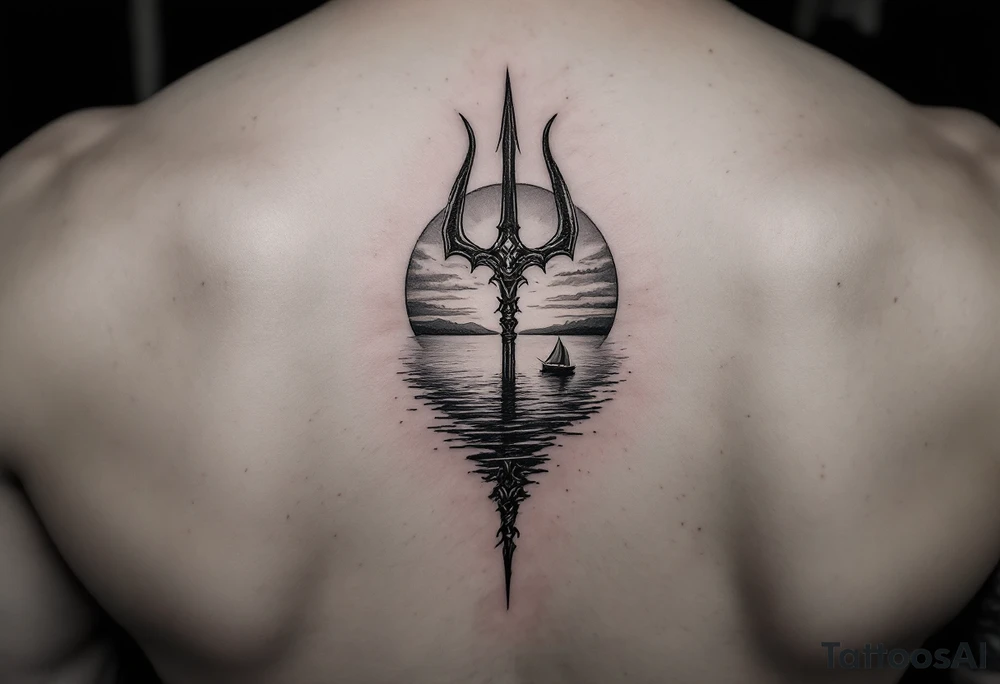 trident half way under calm water with sanger boat and sunset tattoo idea