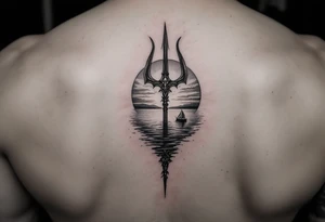 trident half way under calm water with sanger boat and sunset tattoo idea