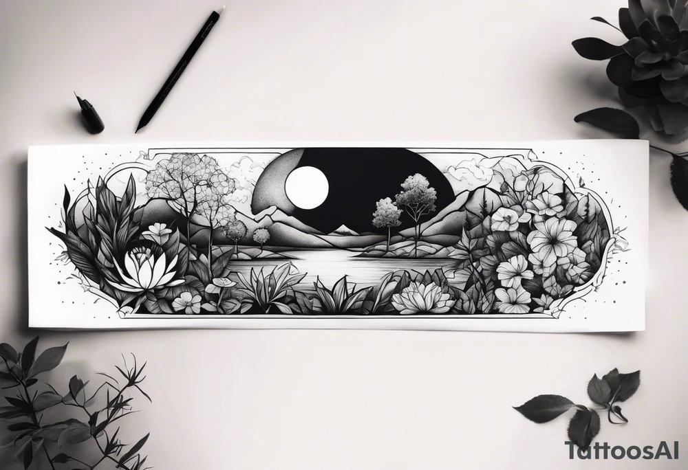 A forearm tattoo portraying darkness and light in a garden tattoo idea