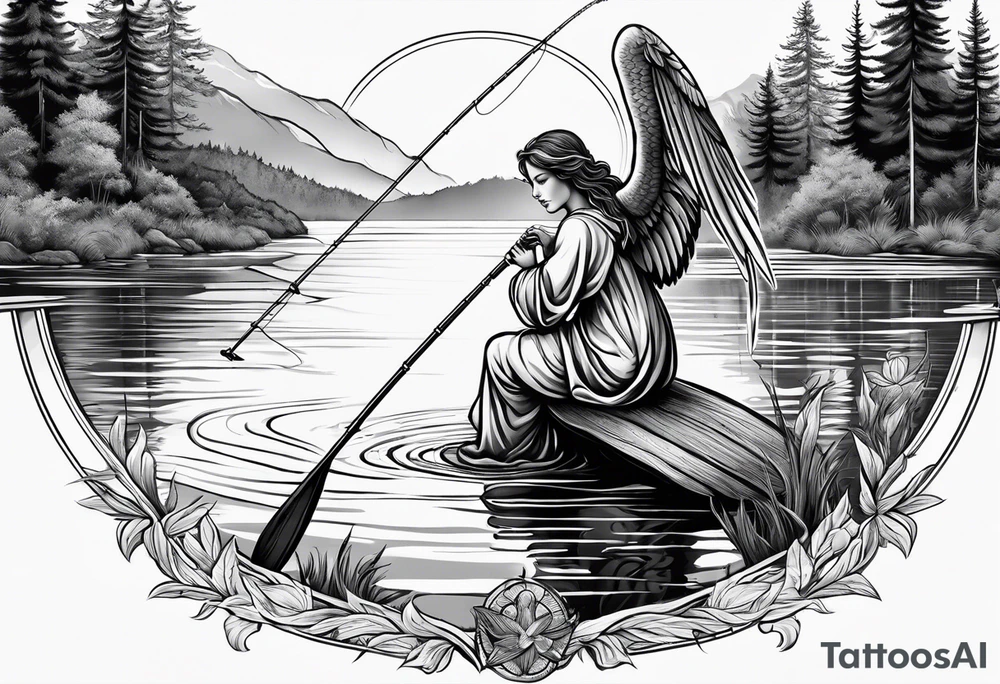 angel with halo fishing in on a lake bank tattoo idea