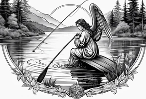 angel with halo fishing in on a lake bank tattoo idea