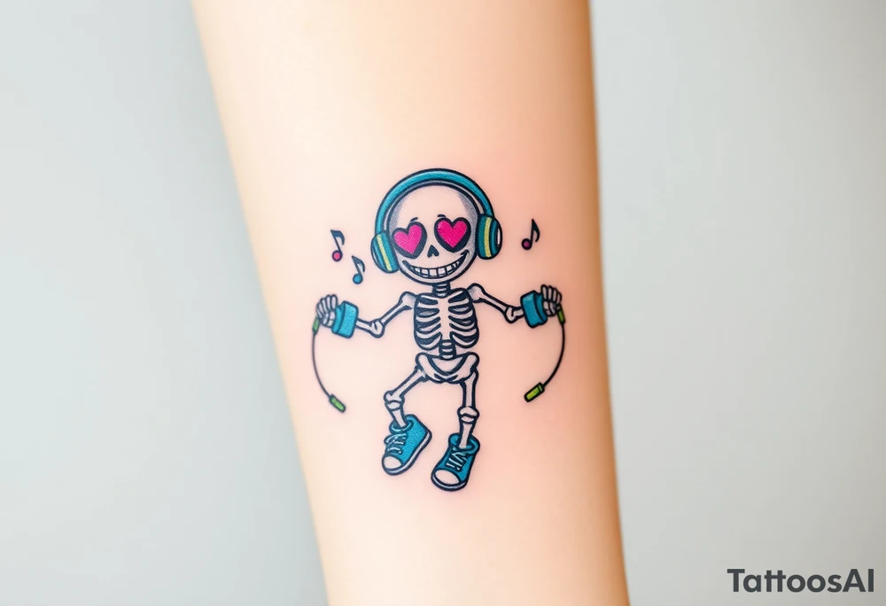 Cute smiley skeleton with heart shape eyes  jumping on a jump rope with both hands blue headphones blue armbands blue sneakers and colorful  music notes around his head tattoo idea