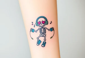 Cute smiley skeleton with heart shape eyes  jumping on a jump rope with both hands blue headphones blue armbands blue sneakers and colorful  music notes around his head tattoo idea