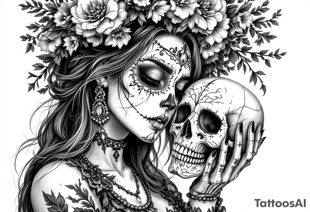 Mexican lady of the dead holding a skull to her face tattoo idea