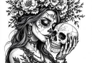 Mexican lady of the dead holding a skull to her face tattoo idea