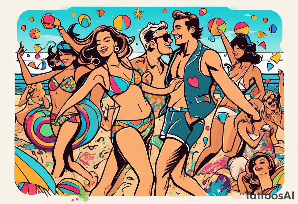 1960'S BEACH DANCE PARTY 
party, include confetti, music notes, 
, bikinis sunset in the center tattoo idea
