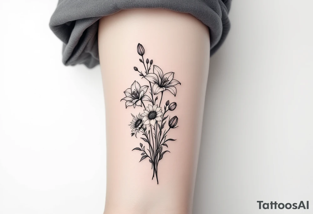 Dainty Stargazer lillies with small sunflowers and tulip buds in a dainty wildflower bouquet with stems tattoo idea