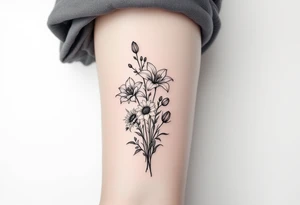 Dainty Stargazer lillies with small sunflowers and tulip buds in a dainty wildflower bouquet with stems tattoo idea