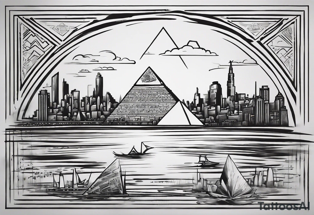 design featuring the Pyramids of Giza gracefully merging with the Manhattan skyline. Integrate the Nile River flowing into the Hudson River to symbolize your cultural journey. Keep the design clean and impactful, focusing on key elements to maintain a timeless and meaningful representation of your identity and experiences. tattoo idea