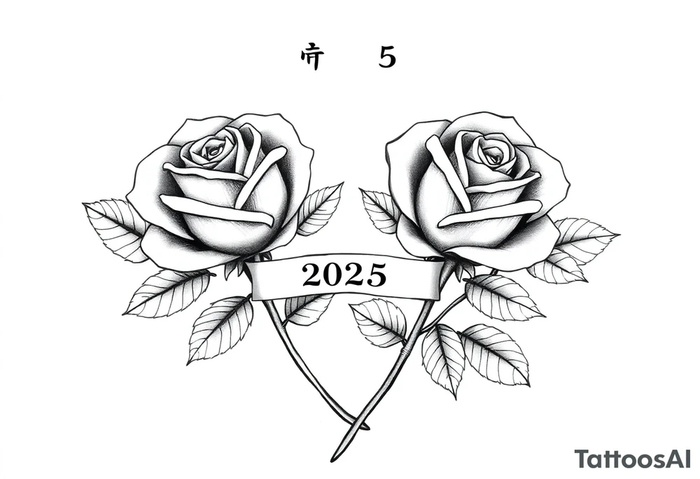 two beautiful rose buds, side by side, with many leaves and their stems intertwined, representing two people in love. Include a banner connecting the two roses with "2025" on it.  The word "Rose" written in Kanji above the drawing.  Use dark outlines with little shading tattoo idea