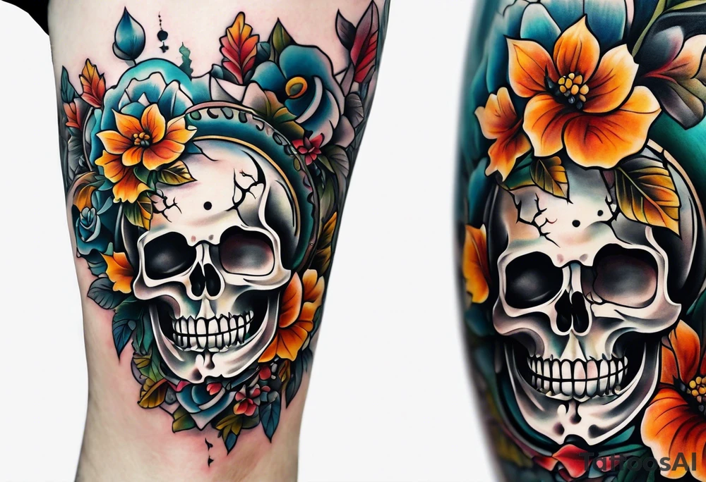 Old school center Knee tattoo with skulls, flower shapes and fall colors tattoo idea