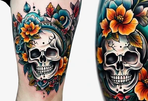 Old school center Knee tattoo with skulls, flower shapes and fall colors tattoo idea