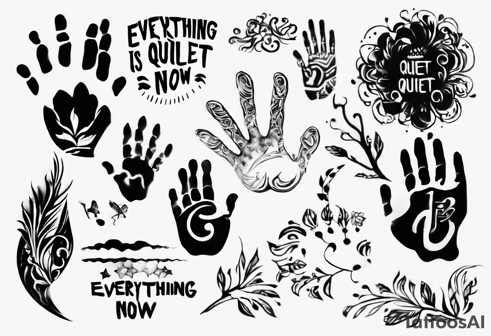 Handprint with words “Everything is Quiet Now” tattoo idea